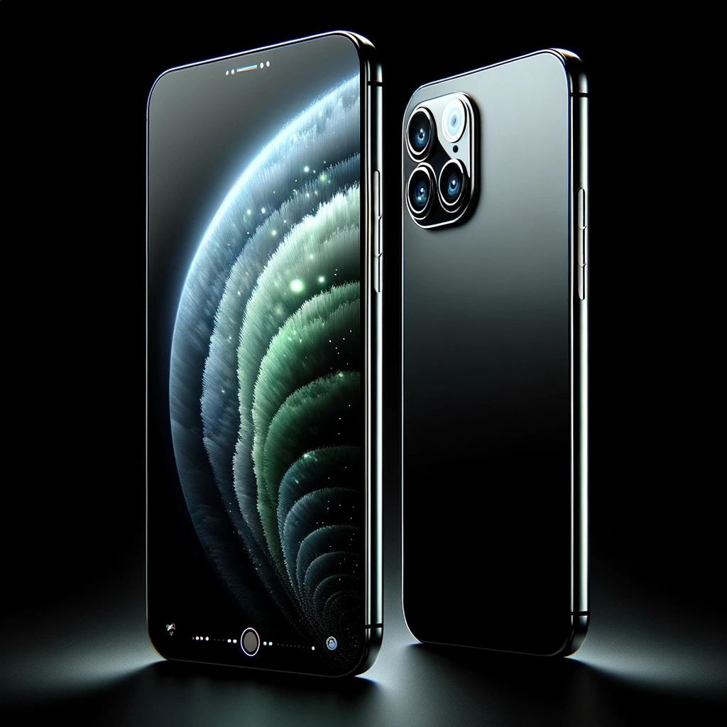 Futuristic smartphone, dubbed the iPhone 16, with a sleek, minimalist design that incorporates state-of-the-art technology.